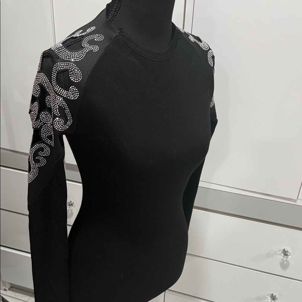 Chic Black Long Sleeve Top with Silver Detailing
